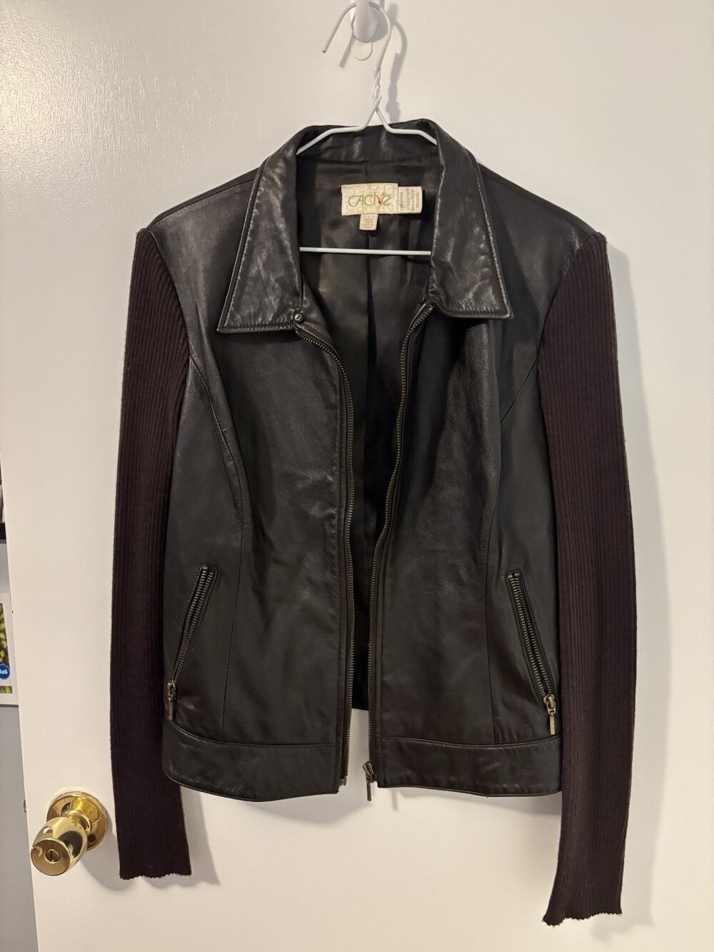 Cache Brown Leather Jacket Ribbed Knit Sleeves Boho Feminine Size L